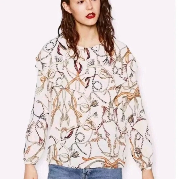 ViVI Tops - Women's Cream Ruffle Equestrian Rope Belt Blouse Top | Size Small